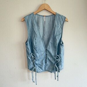 Free People Lala Lace Up Vest Light Denim Wash Women's XL